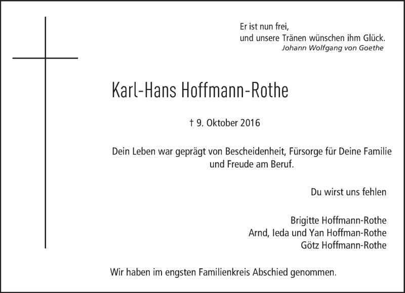  Traueranzeige für Karl-Hans Hoffmann-Rothe vom 22.10.2016 aus Trauerportal Echo Online