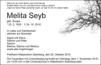 Traueranzeige von Melita Seyb von  Gießener Anzeiger