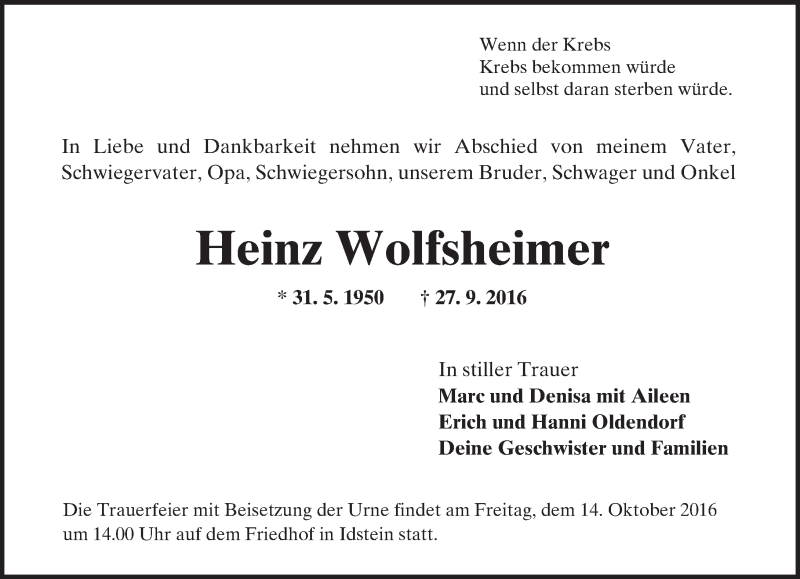  Traueranzeige für Heinz Wolfsheimer vom 13.10.2016 aus  Camberger Anzeiger