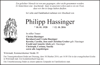Traueranzeige von Philipp Hassinger von Trauerportal Rhein Main Presse