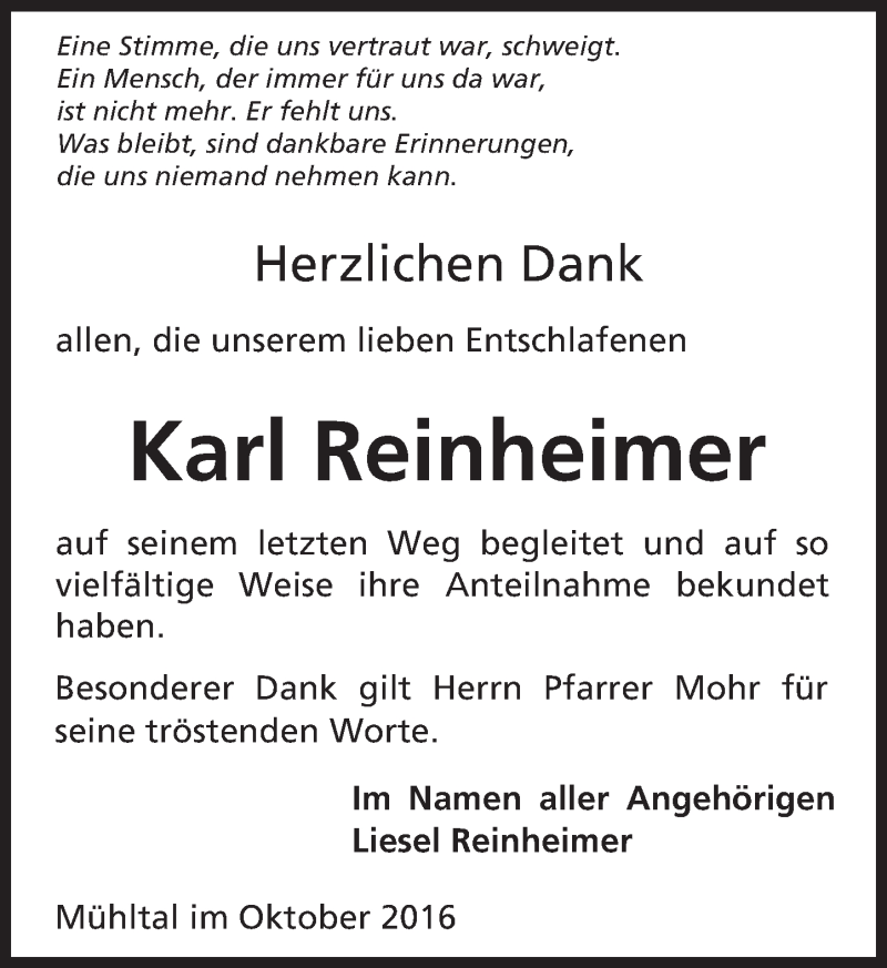  Traueranzeige für Karl Reinheimer vom 29.10.2016 aus Trauerportal Echo Online