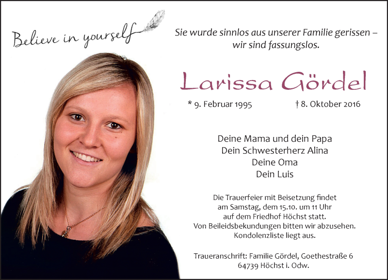  Traueranzeige für Larissa Gördel vom 14.10.2016 aus Trauerportal Echo Online