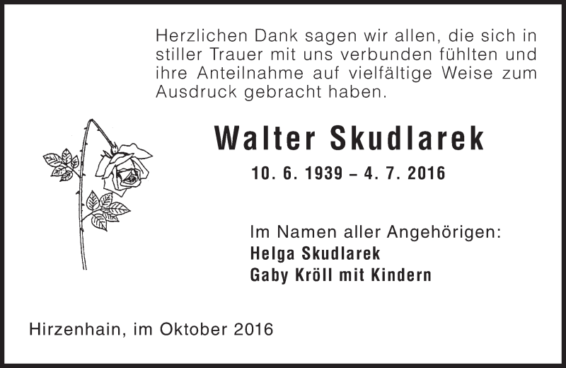  Traueranzeige für Walter Skudlarek vom 29.10.2016 aus  Kreisanzeiger