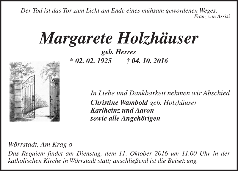  Traueranzeige für Margarete Holzhäuser vom 07.10.2016 aus Trauerportal Rhein Main Presse