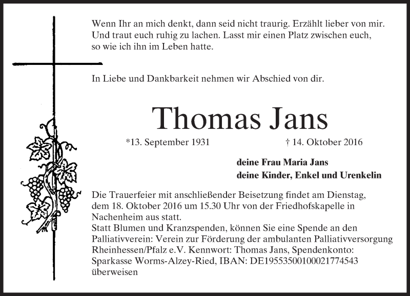  Traueranzeige für Thomas Jans vom 15.10.2016 aus Trauerportal Rhein Main Presse