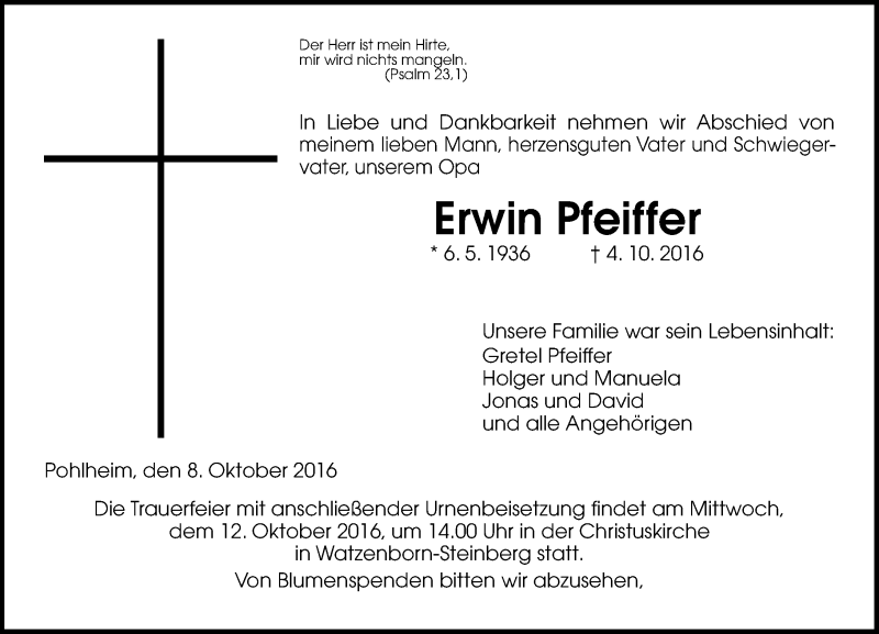  Traueranzeige für Erwin Pfeiffer vom 08.10.2016 aus  Gießener Anzeiger
