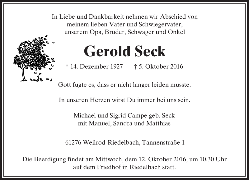  Traueranzeige für Gerold Seck vom 08.10.2016 aus  Usinger Anzeiger
