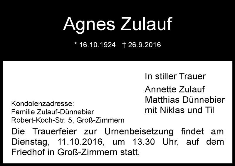 Traueranzeige für Agnes Zulauf vom 08.10.2016 aus Trauerportal Echo Online