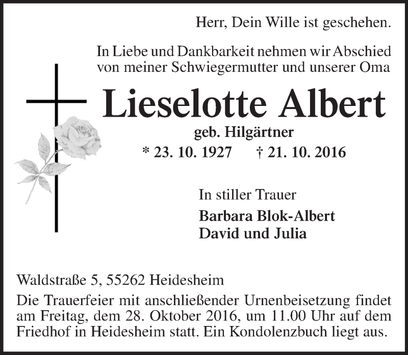  Traueranzeige für Lieselotte Albert vom 25.10.2016 aus Trauerportal Rhein Main Presse
