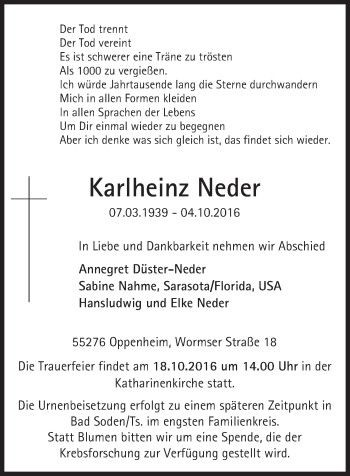 Traueranzeige von Karlheinz Neder von Trauerportal Rhein Main Presse