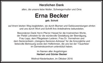 Traueranzeige von Erna Becker von  Usinger Anzeiger