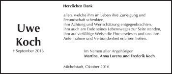 Traueranzeige von Uwe Koch von Trauerportal Echo Online
