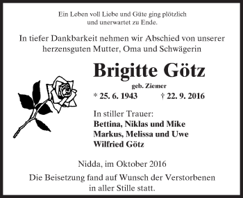 Traueranzeige von Brigitte Götz von  Kreisanzeiger