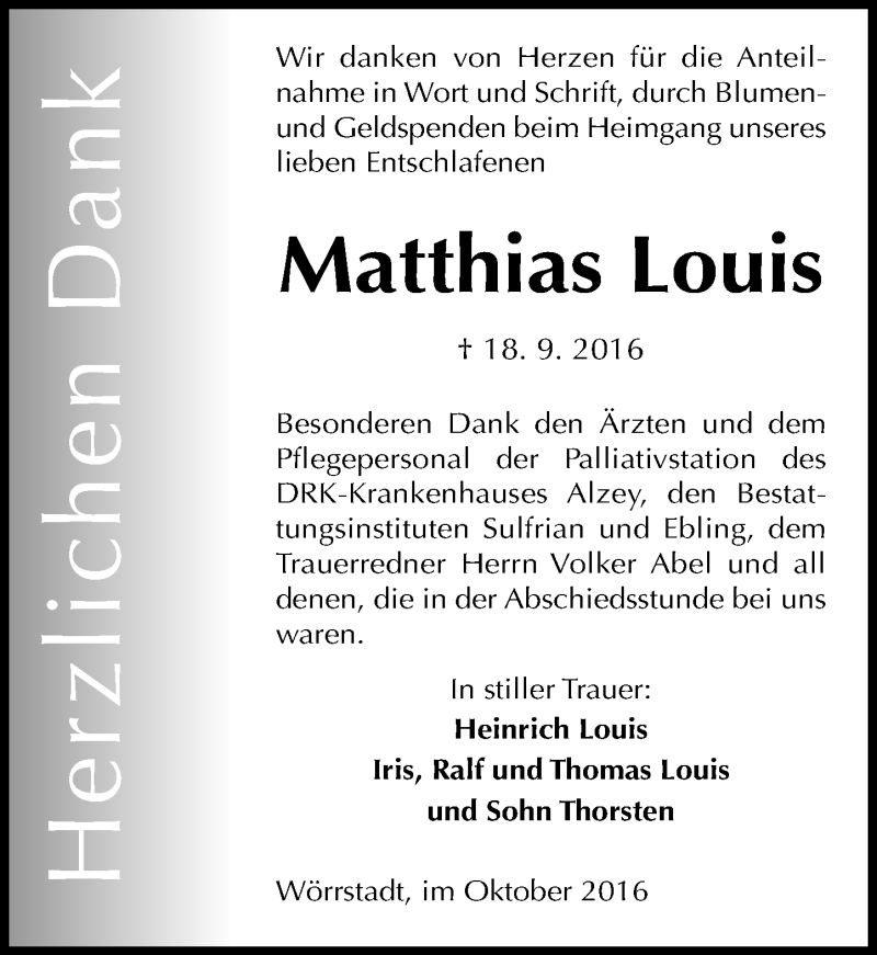  Traueranzeige für Matthias Louis vom 13.10.2016 aus Trauerportal Rhein Main Presse