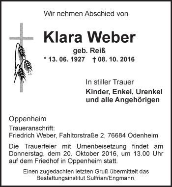 Traueranzeige von Klara Weber von Trauerportal Rhein Main Presse