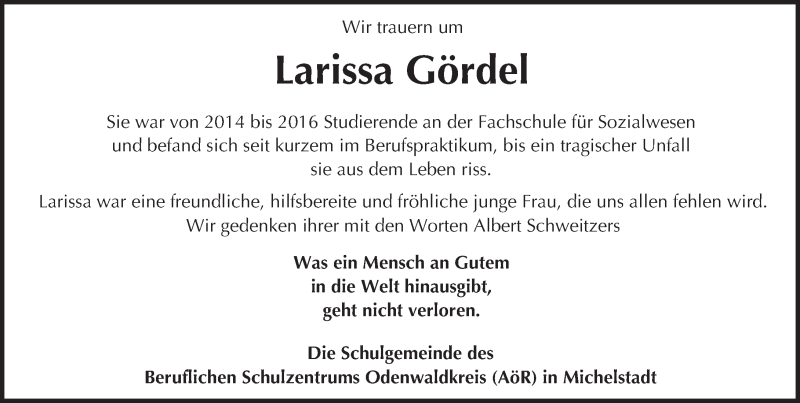  Traueranzeige für Larissa Gördel vom 15.10.2016 aus Trauerportal Echo Online