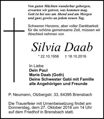 Traueranzeige von Silvia Daab von Trauerportal Echo Online