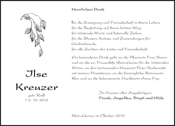 Traueranzeige von Ilse Kreuzer von Trauerportal Echo Online
