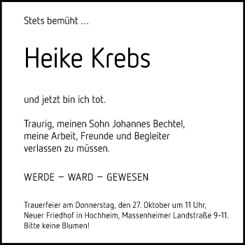 Traueranzeige von Heike Krebs von Trauerportal Rhein Main Presse