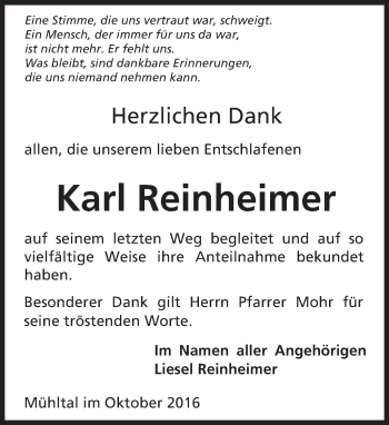 Traueranzeige von Karl Reinheimer von Trauerportal Echo Online