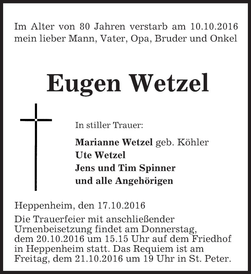  Traueranzeige für Eugen Wetzel vom 17.10.2016 aus Trauerportal Echo Online