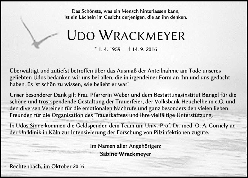  Traueranzeige für Udo Wrackmeyer vom 29.10.2016 aus  Gießener Anzeiger