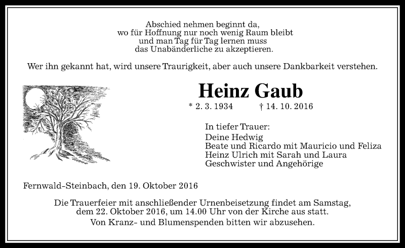  Traueranzeige für Heinz Gaub vom 19.10.2016 aus  Gießener Anzeiger