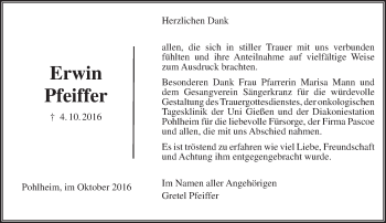 Traueranzeige von Erwin Pfeiffer von  Gießener Anzeiger