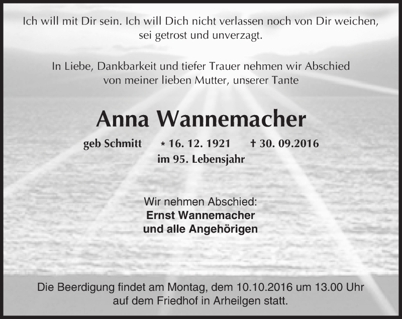  Traueranzeige für Anna Wannemacher vom 08.10.2016 aus Trauerportal Echo Online