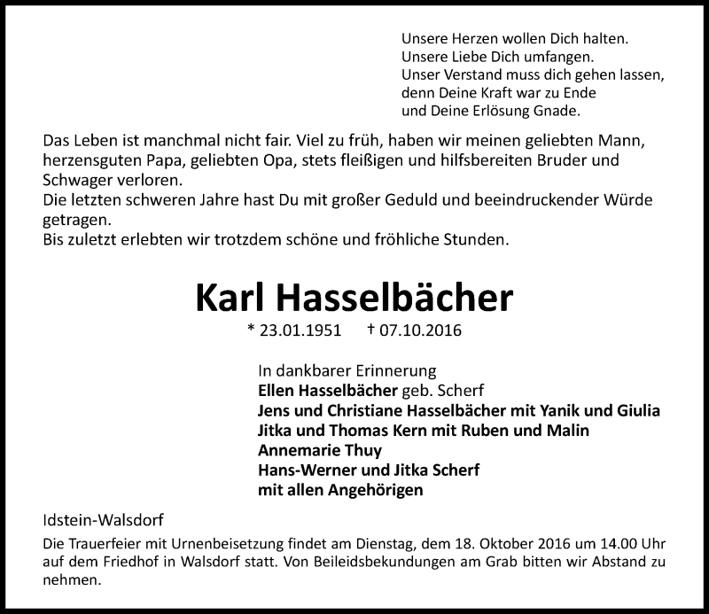  Traueranzeige für Karl Hasselbächer vom 13.10.2016 aus  Camberger Anzeiger