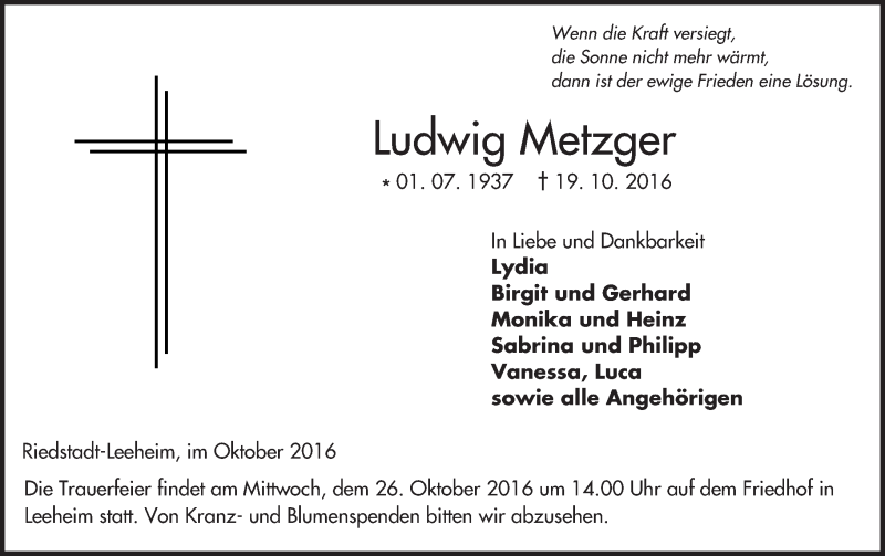  Traueranzeige für Ludwig Metzger vom 22.10.2016 aus Trauerportal Echo Online