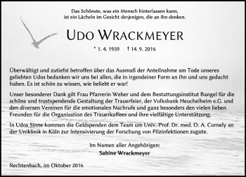 Traueranzeige von Udo Wrackmeyer von  Gießener Anzeiger