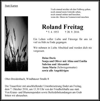 Traueranzeige von Roland Freitag von VRM Trauer