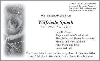 Traueranzeige von Wilfriede Spieth von  Gießener Anzeiger