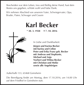 Traueranzeige von Karl Becker von Trauerportal Echo Online