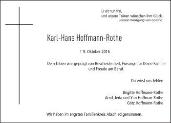 Traueranzeige von Karl-Hans Hoffmann-Rothe von Trauerportal Echo Online