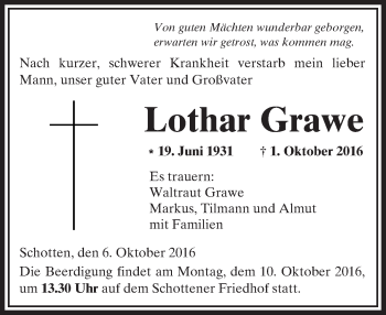Traueranzeige von Lothar Grawe von  Kreisanzeiger