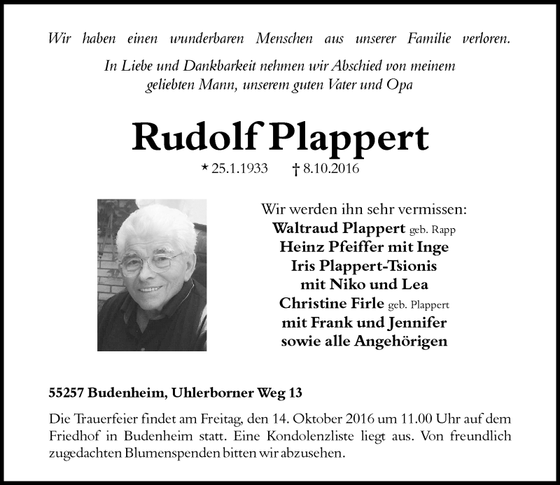  Traueranzeige für Rudolf Plappert vom 12.10.2016 aus Trauerportal Rhein Main Presse