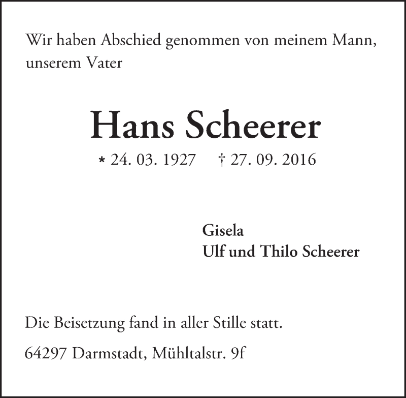  Traueranzeige für Hans Scheerer vom 29.10.2016 aus Trauerportal Echo Online