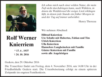 Traueranzeige von Rolf Werner Knierriem von  Kreisanzeiger