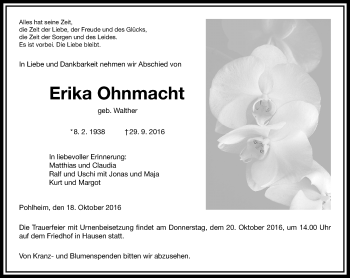 Traueranzeige von Erika Ohnmacht von  Gießener Anzeiger