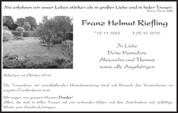 Traueranzeige von Franz Helmut Riefling von  Kreisanzeiger