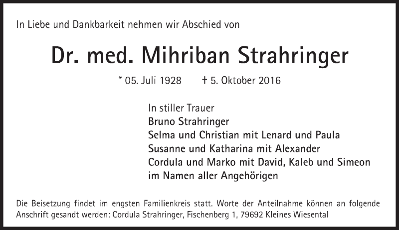  Traueranzeige für Mihriban Strahringer vom 08.10.2016 aus Trauerportal Echo Online