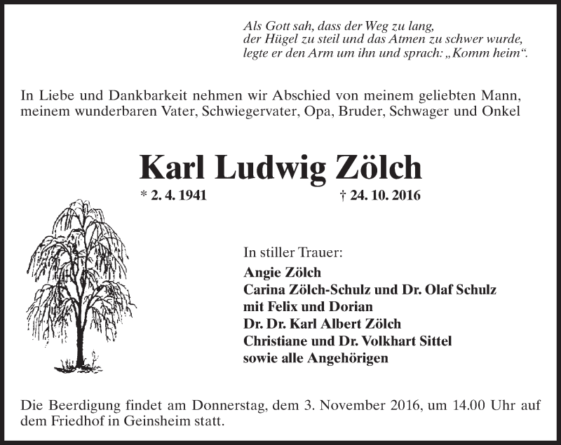  Traueranzeige für Karl Ludwig Zölch vom 31.10.2016 aus Trauerportal Rhein Main Presse