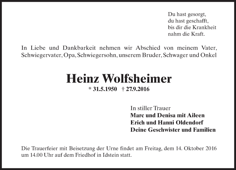  Traueranzeige für Heinz Wolfsheimer vom 08.10.2016 aus Trauerportal Rhein Main Presse