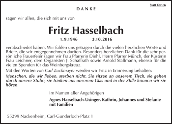Traueranzeige von Fritz Hasselbach von Trauerportal Rhein Main Presse