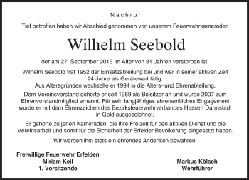 Traueranzeige von Wilhelm Seebold von Trauerportal Echo Online
