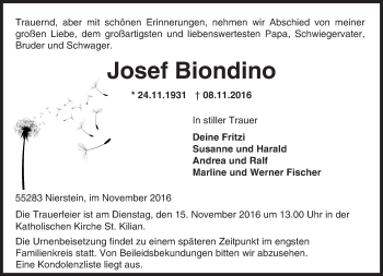 Traueranzeige von Josef Biondino von Trauerportal Rhein Main Presse