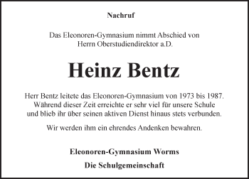 Traueranzeige von Heinz Bentz von Trauerportal Rhein Main Presse