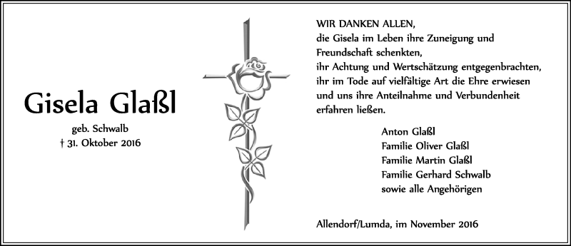 Traueranzeige für Gisela Glaßl vom 19.11.2016 aus  Gießener Anzeiger